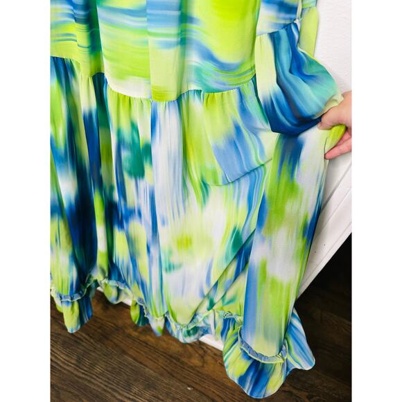 ONE33 SOCIAL Green Blue Watercolor Abstract Halter Neck Tie Dye Dress Gown SZ 4 - Picture 14 of 16